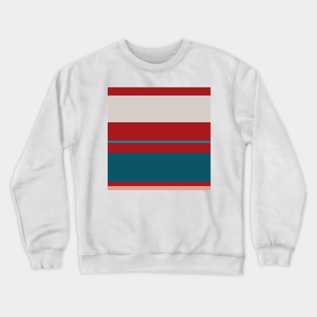 A brilliant jumble of Blood (Animal), Pastel Pink, Pastel Gray, Dark Cyan and Philippine Indigo stripes. Crewneck Sweatshirt by Sociable Stripes